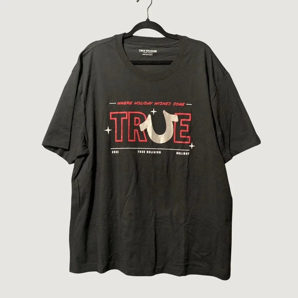 True Religion T-Shirt Mens 3XL 2024 Holiday Wishes Black Graphic EUC